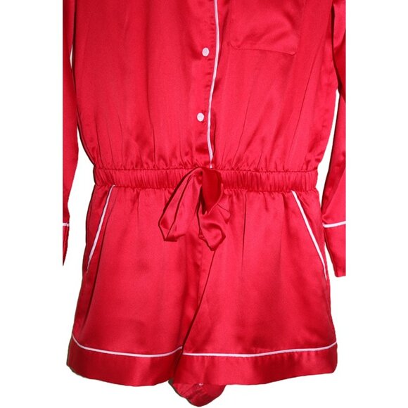 VICTORIA'S SECRET Satin Button-Front Romper with Rhinstones in Red (XS) - Picture 4 of 13